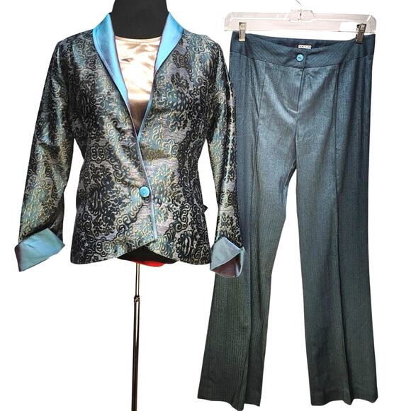 Anni Kuan Silk Metallic Jackets & Blazers - Anni Kuan Silk Metallic Peacock Brocade Jacket Pants Suit Set Vintage Small #612